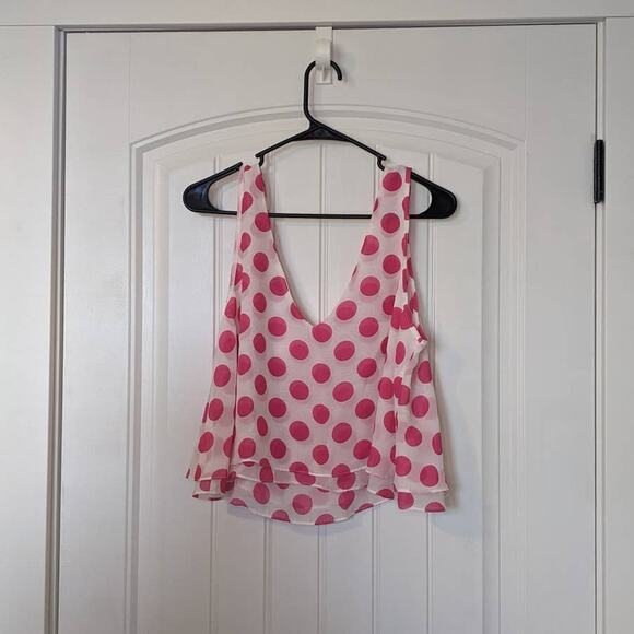 Necessary Objects Polka Dot Cropped Top White Pink Medium Flowy Sleeveless Layer - Picture 6 of 6
